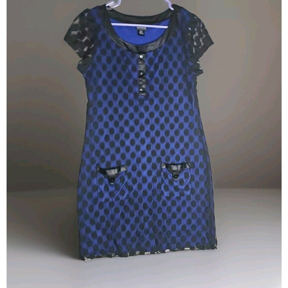 Enfocus Studio Blue Dress Women Size 12 Black Polka Dot Mesh Layer w Pockets - Picture 1 of 10